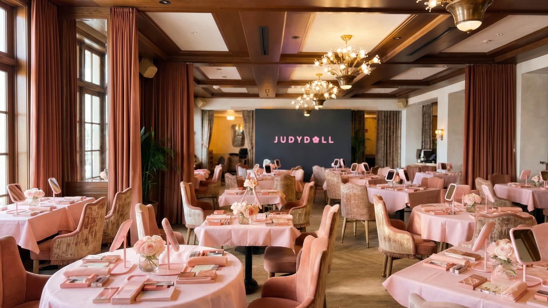 Corporate Venue Brand Activation Product Launch Event Setup Wide-angle view of an elegant corporate brand launch event space featuring beautifully arranged table settings, customized pink linens, ambient lighting, and a custom fabricated stage backdrop for luxury experiential marketing productions.